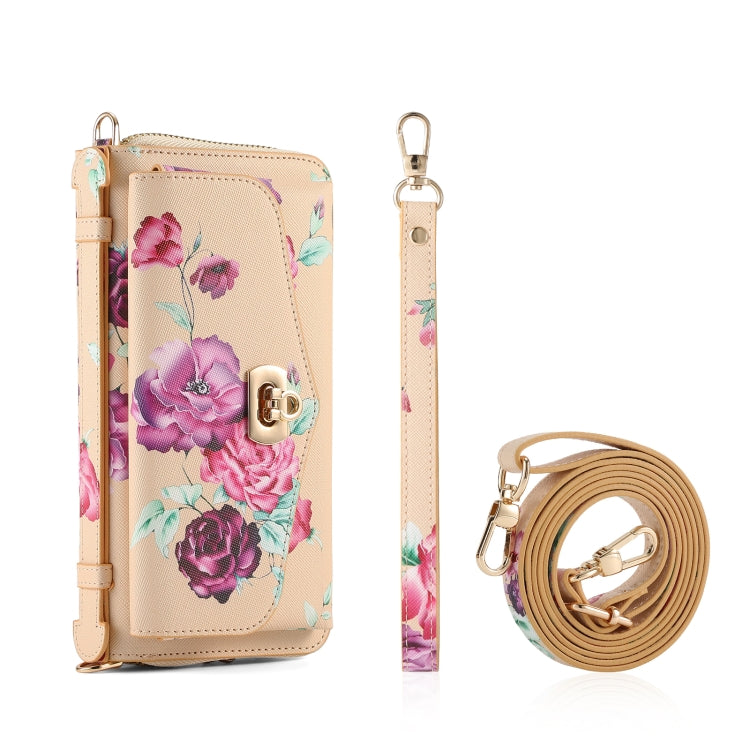 For iPhone 13 Pro Flower Multi-functional Crossbody Zipper Wallet MagSafe Leather Phone Case(Yellow) - iPhone 13 Pro Cases by buy2fix | Online Shopping UK | buy2fix