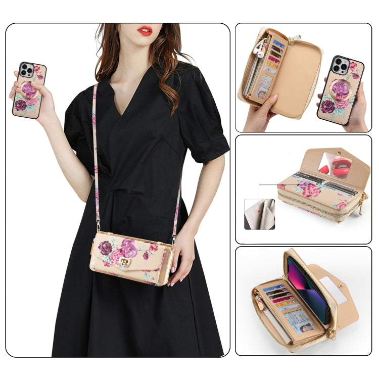 For iPhone 13 Pro Flower Multi-functional Crossbody Zipper Wallet MagSafe Leather Phone Case(Yellow) - iPhone 13 Pro Cases by buy2fix | Online Shopping UK | buy2fix