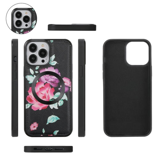 For iPhone 13 Pro Max Flower Multi-functional Crossbody Zipper Wallet MagSafe Leather Phone Case(Black) - iPhone 13 Pro Max Cases by buy2fix | Online Shopping UK | buy2fix