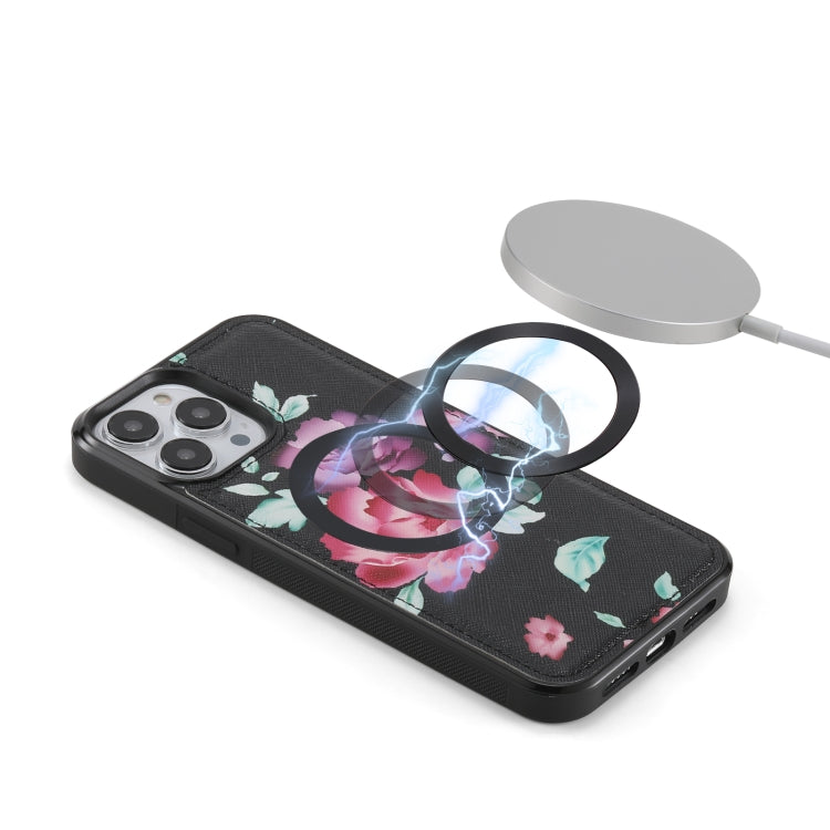 For iPhone 13 Pro Max Flower Multi-functional Crossbody Zipper Wallet MagSafe Leather Phone Case(Black) - iPhone 13 Pro Max Cases by buy2fix | Online Shopping UK | buy2fix