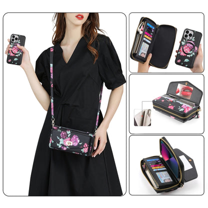 For iPhone 13 Pro Max Flower Multi-functional Crossbody Zipper Wallet MagSafe Leather Phone Case(Black) - iPhone 13 Pro Max Cases by buy2fix | Online Shopping UK | buy2fix