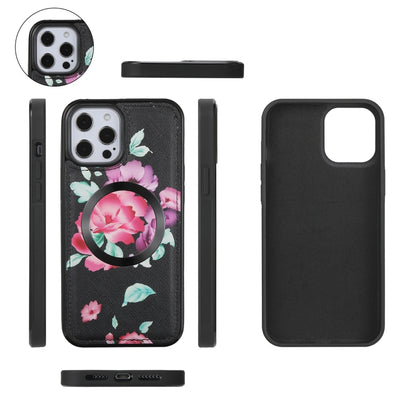 For iPhone 12 Flower Multi-functional Crossbody Zipper Wallet MagSafe Leather Phone Case(Black) - iPhone 12 / 12 Pro Cases by buy2fix | Online Shopping UK | buy2fix