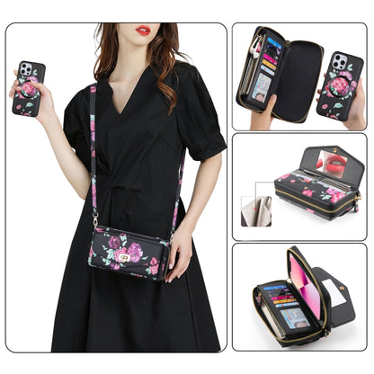 For iPhone 12 Flower Multi-functional Crossbody Zipper Wallet MagSafe Leather Phone Case(Black) - iPhone 12 / 12 Pro Cases by buy2fix | Online Shopping UK | buy2fix