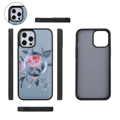 For iPhone 12 Flower Multi-functional Crossbody Zipper Wallet MagSafe Leather Phone Case(Blue) - iPhone 12 / 12 Pro Cases by buy2fix | Online Shopping UK | buy2fix