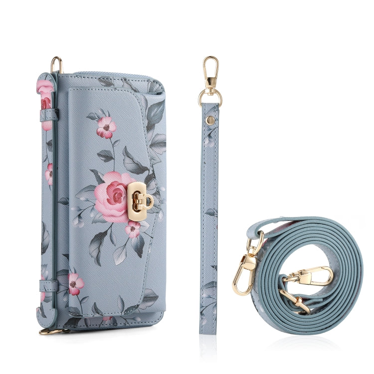 For iPhone 12 Flower Multi-functional Crossbody Zipper Wallet MagSafe Leather Phone Case(Blue) - iPhone 12 / 12 Pro Cases by buy2fix | Online Shopping UK | buy2fix