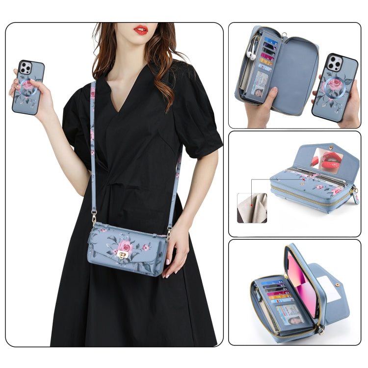 For iPhone 12 Flower Multi-functional Crossbody Zipper Wallet MagSafe Leather Phone Case(Blue) - iPhone 12 / 12 Pro Cases by buy2fix | Online Shopping UK | buy2fix
