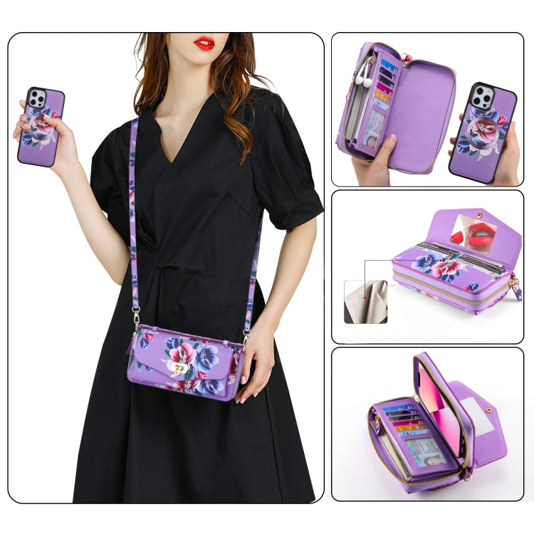 For iPhone 12 Flower Multi-functional Crossbody Zipper Wallet MagSafe Leather Phone Case(Purple) - iPhone 12 / 12 Pro Cases by buy2fix | Online Shopping UK | buy2fix