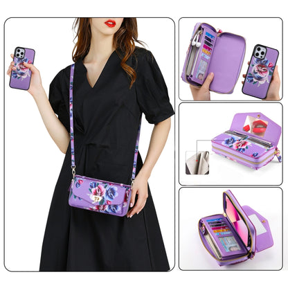 For iPhone 12 Flower Multi-functional Crossbody Zipper Wallet MagSafe Leather Phone Case(Purple) - iPhone 12 / 12 Pro Cases by buy2fix | Online Shopping UK | buy2fix