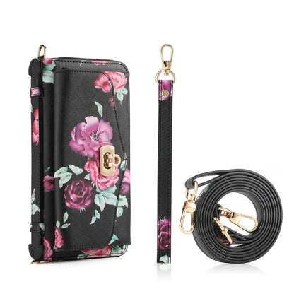 For iPhone 12 Pro Max Flower Multi-functional Crossbody Zipper Wallet MagSafe Leather Phone Case(Black) - iPhone 12 Pro Max Cases by buy2fix | Online Shopping UK | buy2fix