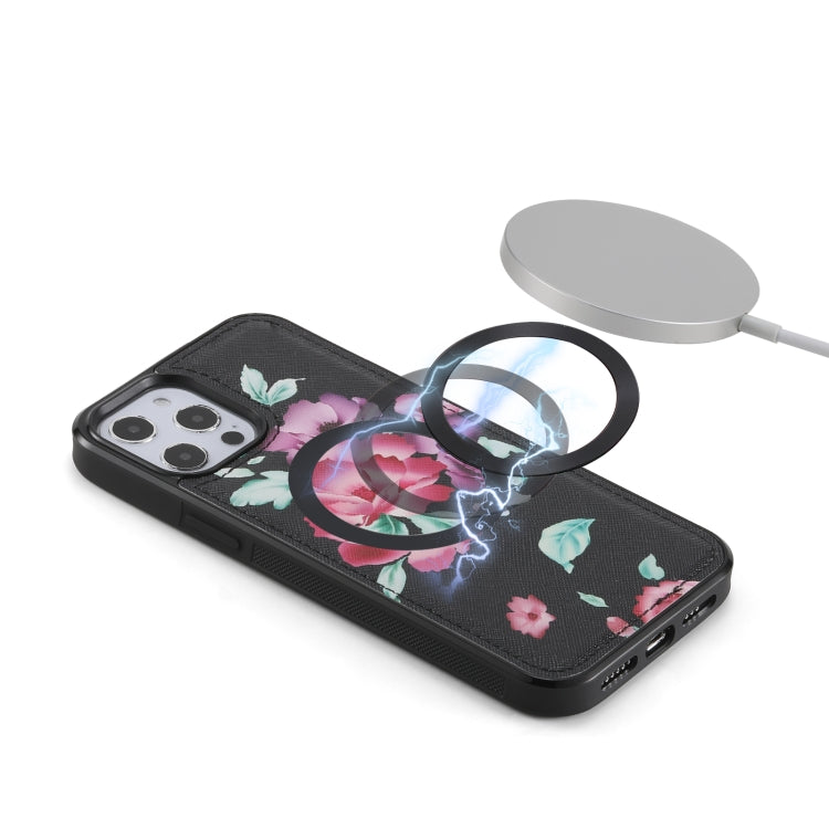 For iPhone 12 Pro Max Flower Multi-functional Crossbody Zipper Wallet MagSafe Leather Phone Case(Black) - iPhone 12 Pro Max Cases by buy2fix | Online Shopping UK | buy2fix