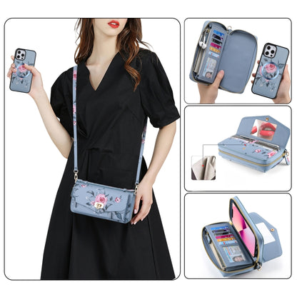 For iPhone 12 Pro Max Flower Multi-functional Crossbody Zipper Wallet MagSafe Leather Phone Case(Blue) - iPhone 12 Pro Max Cases by buy2fix | Online Shopping UK | buy2fix