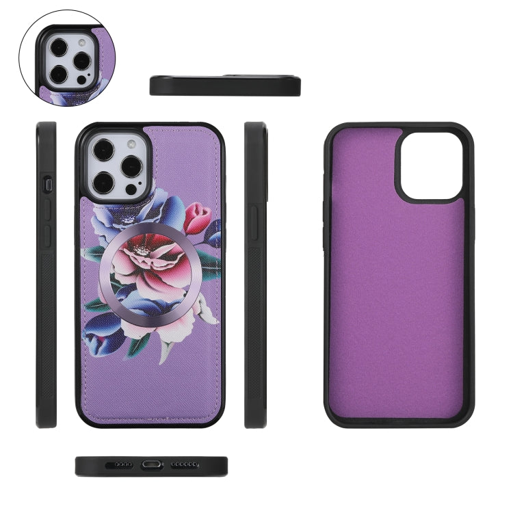 For iPhone 12 Pro Max Flower Multi-functional Crossbody Zipper Wallet MagSafe Leather Phone Case(Purple) by buy2fix
