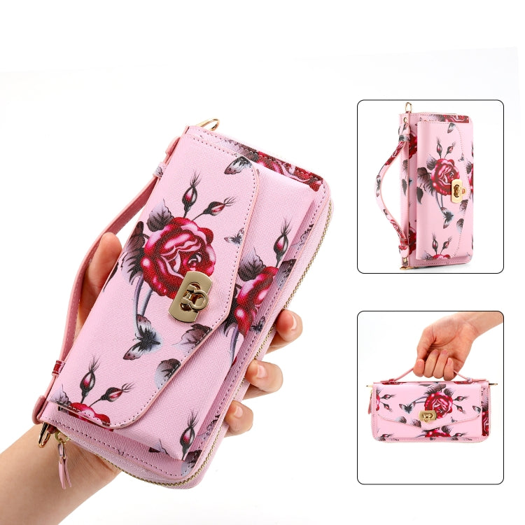 For iPhone 12 Pro Flower Multi-functional Crossbody Zipper Wallet MagSafe Leather Phone Case(Pink) - iPhone 12 / 12 Pro Cases by buy2fix | Online Shopping UK | buy2fix