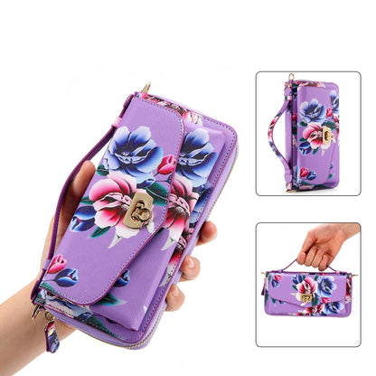 For iPhone 12 Pro Flower Multi-functional Crossbody Zipper Wallet MagSafe Leather Phone Case(Purple) - iPhone 12 / 12 Pro Cases by buy2fix | Online Shopping UK | buy2fix