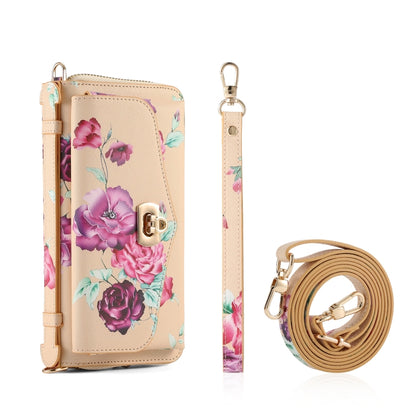 For iPhone 12 Pro Flower Multi-functional Crossbody Zipper Wallet MagSafe Leather Phone Case(Yellow) - iPhone 12 / 12 Pro Cases by buy2fix | Online Shopping UK | buy2fix