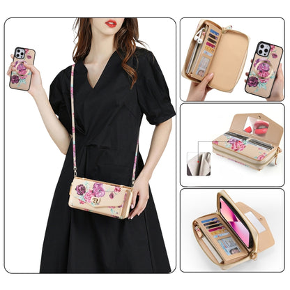 For iPhone 12 Pro Flower Multi-functional Crossbody Zipper Wallet MagSafe Leather Phone Case(Yellow) - iPhone 12 / 12 Pro Cases by buy2fix | Online Shopping UK | buy2fix