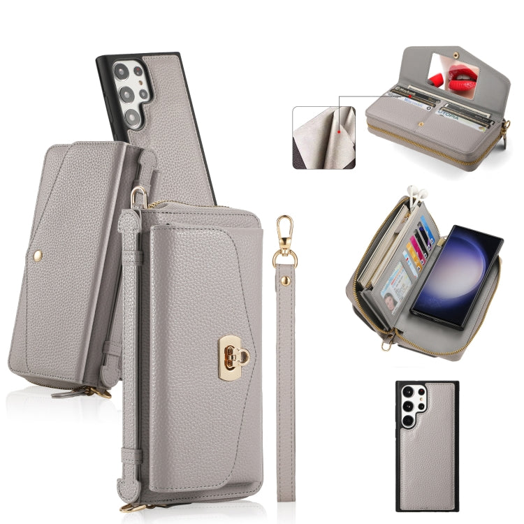For Samsung Galaxy S23+ 5G Crossbody Multi-functional Zipper Wallet Litchi Leather Phone Case(Grey) - Galaxy S23+ 5G Cases by buy2fix | Online Shopping UK | buy2fix