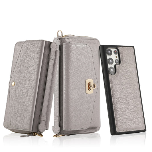 For Samsung Galaxy S22 Ultra 5G Crossbody Multi-functional Zipper Wallet Litchi Leather Phone Case(Grey) - Galaxy S22 Ultra 5G Cases by buy2fix | Online Shopping UK | buy2fix