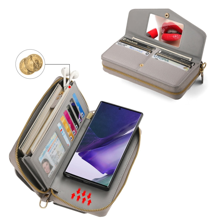 For Samsung Galaxy Note20 Ultra Crossbody Multi-functional Zipper Wallet Litchi Leather Phone Case(Grey) - Galaxy Phone Cases by buy2fix | Online Shopping UK | buy2fix