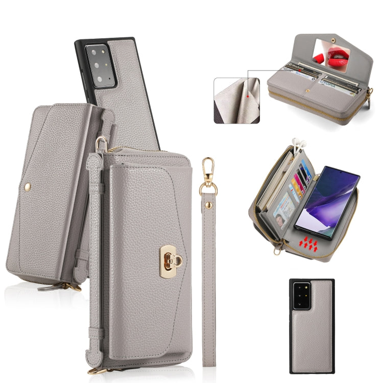 For Samsung Galaxy Note20 Crossbody Multi-functional Zipper Wallet Litchi Leather Phone Case(Grey) - Galaxy Phone Cases by buy2fix | Online Shopping UK | buy2fix