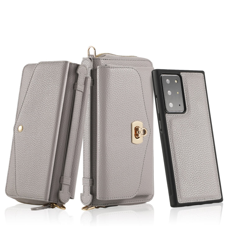 For Samsung Galaxy Note20 Crossbody Multi-functional Zipper Wallet Litchi Leather Phone Case(Grey) - Galaxy Phone Cases by buy2fix | Online Shopping UK | buy2fix