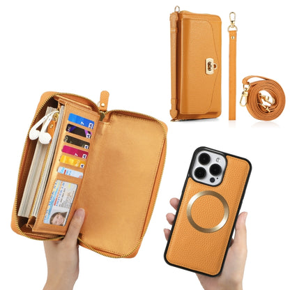 For iPhone 15 Pro Max MagSafe Crossbody Multi-functional Zipper Wallet Litchi Leather Phone Case(Orange) - iPhone 15 Pro Max Cases by buy2fix | Online Shopping UK | buy2fix