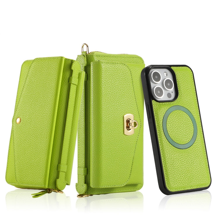 For iPhone 15 Pro Max MagSafe Crossbody Multi-functional Zipper Wallet Litchi Leather Phone Case(Green) - iPhone 15 Pro Max Cases by buy2fix | Online Shopping UK | buy2fix