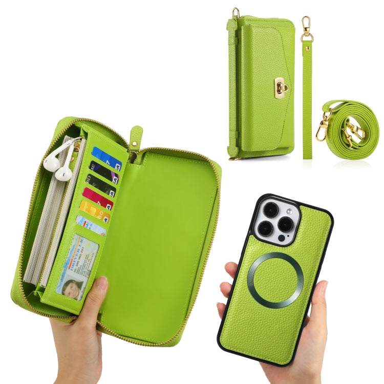 For iPhone 15 Pro Max MagSafe Crossbody Multi-functional Zipper Wallet Litchi Leather Phone Case(Green) - iPhone 15 Pro Max Cases by buy2fix | Online Shopping UK | buy2fix