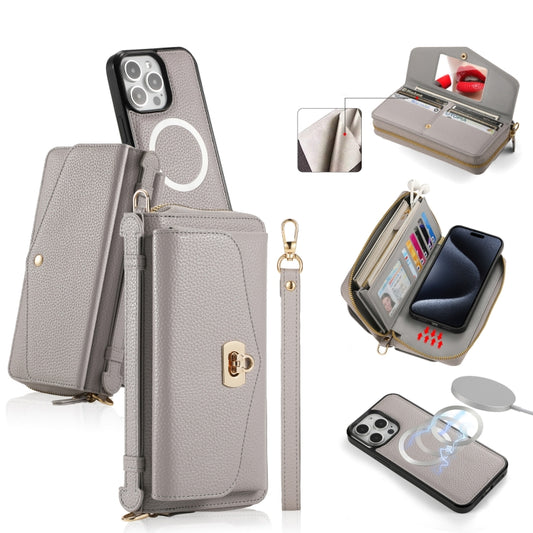 For iPhone 15 Pro Max MagSafe Crossbody Multi-functional Zipper Wallet Litchi Leather Phone Case(Grey) - iPhone 15 Pro Max Cases by buy2fix | Online Shopping UK | buy2fix