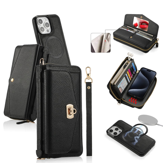 For iPhone 15 Pro Max MagSafe Crossbody Multi-functional Zipper Wallet Litchi Leather Phone Case(Black) - iPhone 15 Pro Max Cases by buy2fix | Online Shopping UK | buy2fix