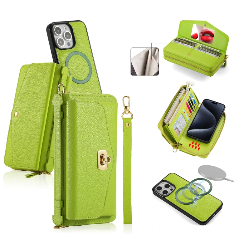 For iPhone 15 Pro MagSafe Crossbody Multi-functional Zipper Wallet Litchi Leather Phone Case(Green) - iPhone 15 Pro Cases by buy2fix | Online Shopping UK | buy2fix