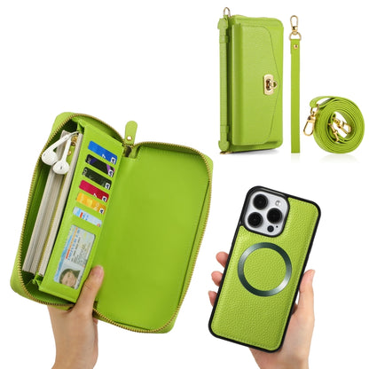 For iPhone 15 Pro MagSafe Crossbody Multi-functional Zipper Wallet Litchi Leather Phone Case(Green) - iPhone 15 Pro Cases by buy2fix | Online Shopping UK | buy2fix