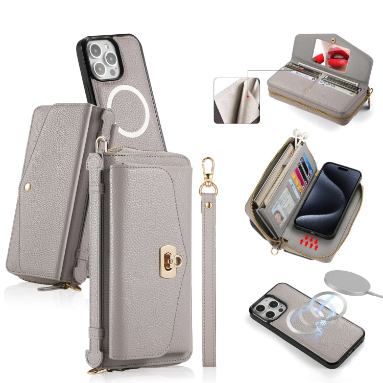 For iPhone 15 Pro MagSafe Crossbody Multi-functional Zipper Wallet Litchi Leather Phone Case(Grey) - iPhone 15 Pro Cases by buy2fix | Online Shopping UK | buy2fix