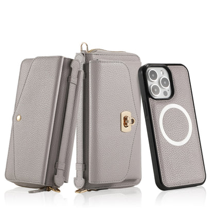 For iPhone 15 Pro MagSafe Crossbody Multi-functional Zipper Wallet Litchi Leather Phone Case(Grey) - iPhone 15 Pro Cases by buy2fix | Online Shopping UK | buy2fix