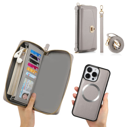 For iPhone 15 Pro MagSafe Crossbody Multi-functional Zipper Wallet Litchi Leather Phone Case(Grey) - iPhone 15 Pro Cases by buy2fix | Online Shopping UK | buy2fix