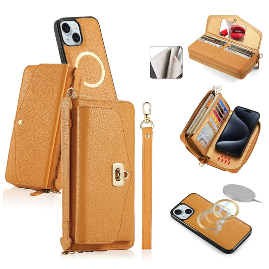 For iPhone 15 MagSafe Crossbody Multi-functional Zipper Wallet Litchi Leather Phone Case(Orange)