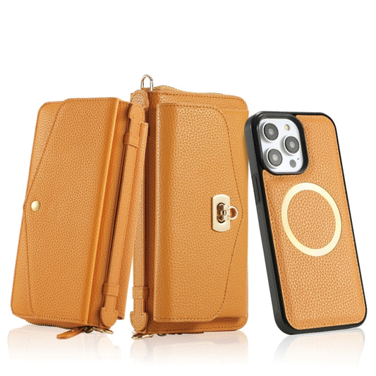 For iPhone 14 Plus MagSafe Crossbody Multi-functional Zipper Wallet Litchi Leather Phone Case(Orange) - iPhone 14 Plus Cases by buy2fix | Online Shopping UK | buy2fix