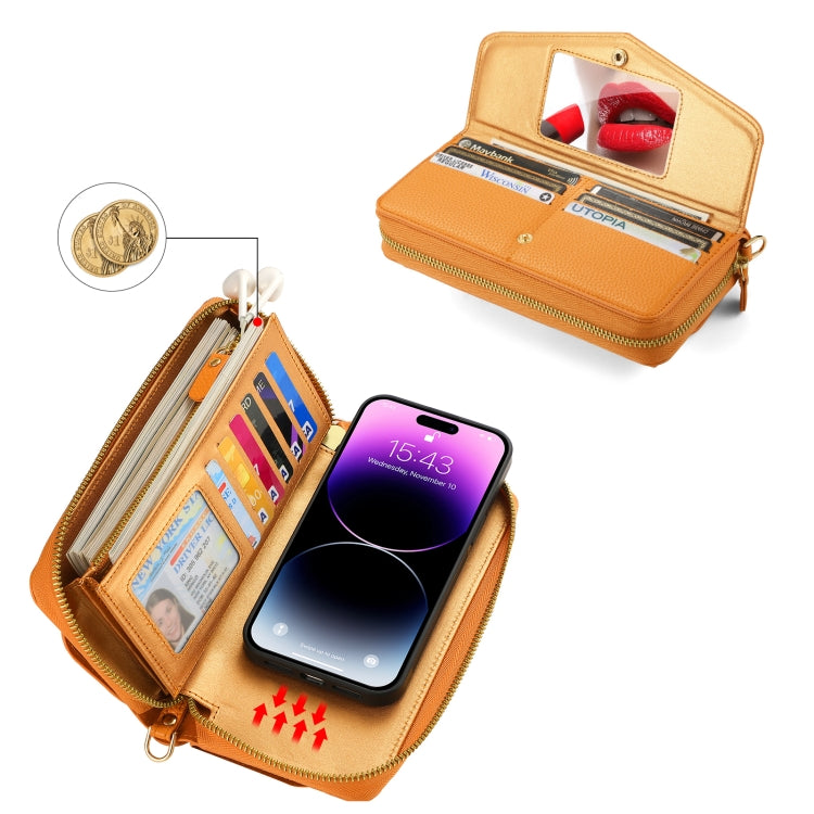 For iPhone 14 Plus MagSafe Crossbody Multi-functional Zipper Wallet Litchi Leather Phone Case(Orange) - iPhone 14 Plus Cases by buy2fix | Online Shopping UK | buy2fix