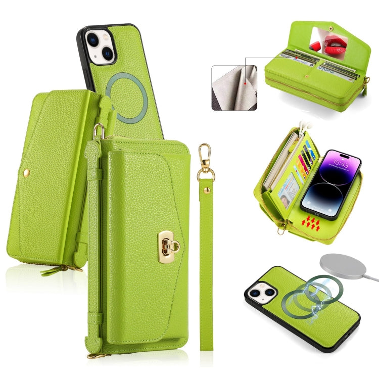 For iPhone 14 MagSafe Crossbody Multi-functional Zipper Wallet Litchi Leather Phone Case(Green) by buy2fix
