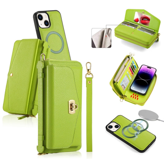 For iPhone 14 MagSafe Crossbody Multi-functional Zipper Wallet Litchi Leather Phone Case(Green) by buy2fix