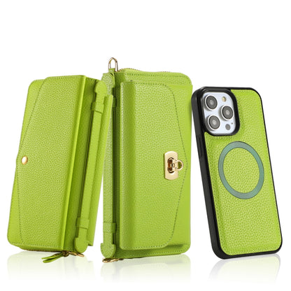 For iPhone 14 MagSafe Crossbody Multi-functional Zipper Wallet Litchi Leather Phone Case(Green) by buy2fix