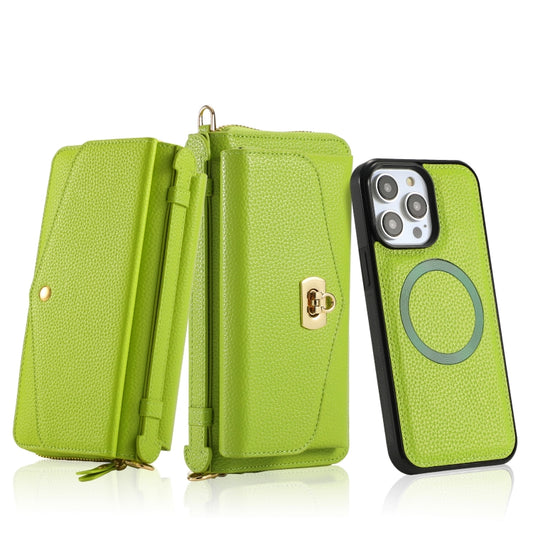 For iPhone 14 MagSafe Crossbody Multi-functional Zipper Wallet Litchi Leather Phone Case(Green) by buy2fix