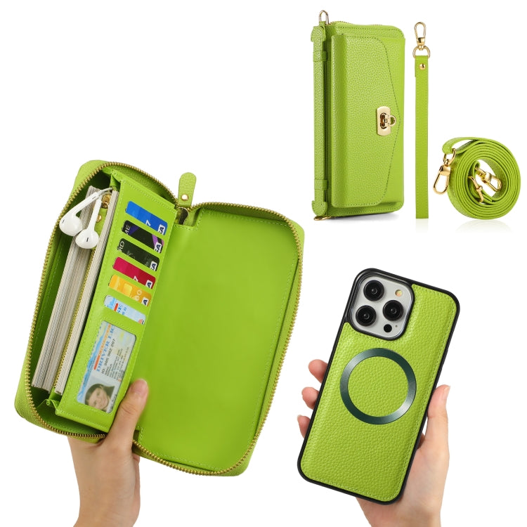 For iPhone 14 MagSafe Crossbody Multi-functional Zipper Wallet Litchi Leather Phone Case(Green) by buy2fix