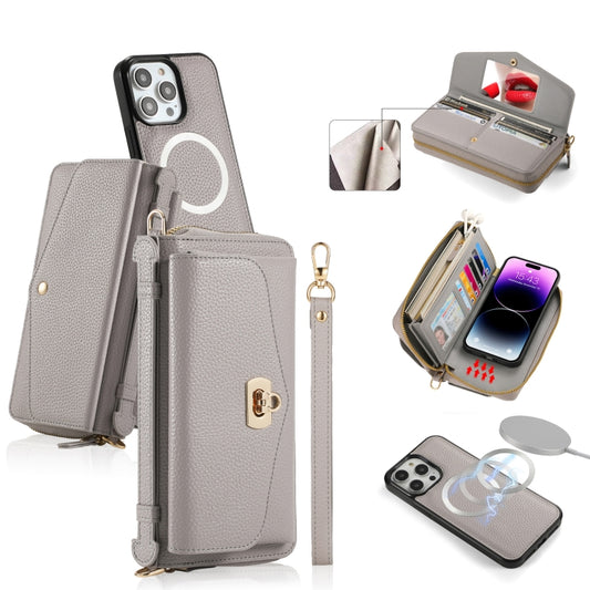 For iPhone 14 Pro Max MagSafe Crossbody Multi-functional Zipper Wallet Litchi Leather Phone Case(Grey) - iPhone 14 Pro Max Cases by buy2fix | Online Shopping UK | buy2fix