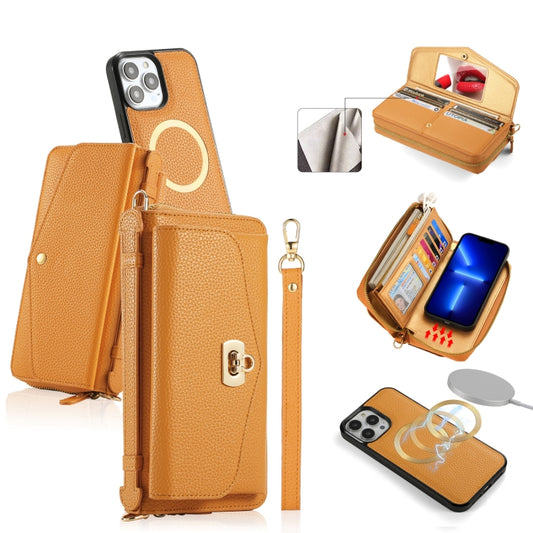 For iPhone 13 Pro Max MagSafe Crossbody Multi-functional Zipper Wallet Litchi Leather Phone Case(Orange) by buy2fix