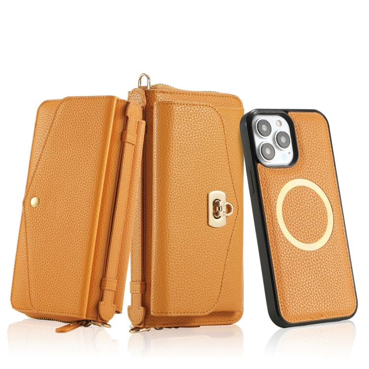 For iPhone 13 Pro Max MagSafe Crossbody Multi-functional Zipper Wallet Litchi Leather Phone Case(Orange) by buy2fix