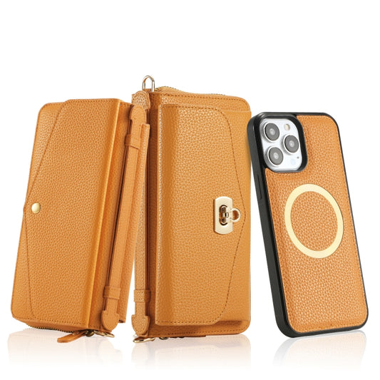 For iPhone 13 Pro Max MagSafe Crossbody Multi-functional Zipper Wallet Litchi Leather Phone Case(Orange) by buy2fix