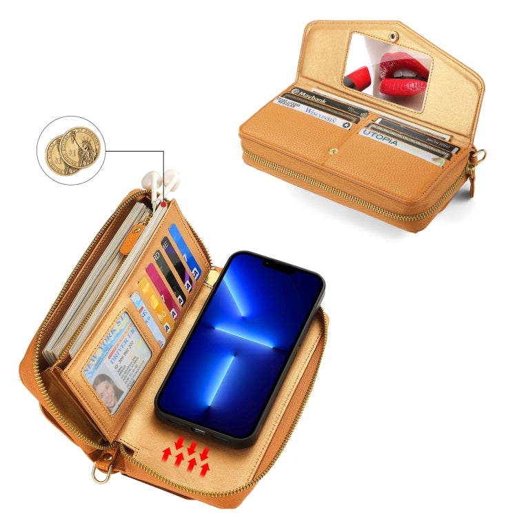 For iPhone 13 Pro Max MagSafe Crossbody Multi-functional Zipper Wallet Litchi Leather Phone Case(Orange) by buy2fix