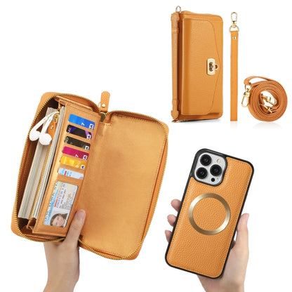 For iPhone 13 Pro Max MagSafe Crossbody Multi-functional Zipper Wallet Litchi Leather Phone Case(Orange) by buy2fix