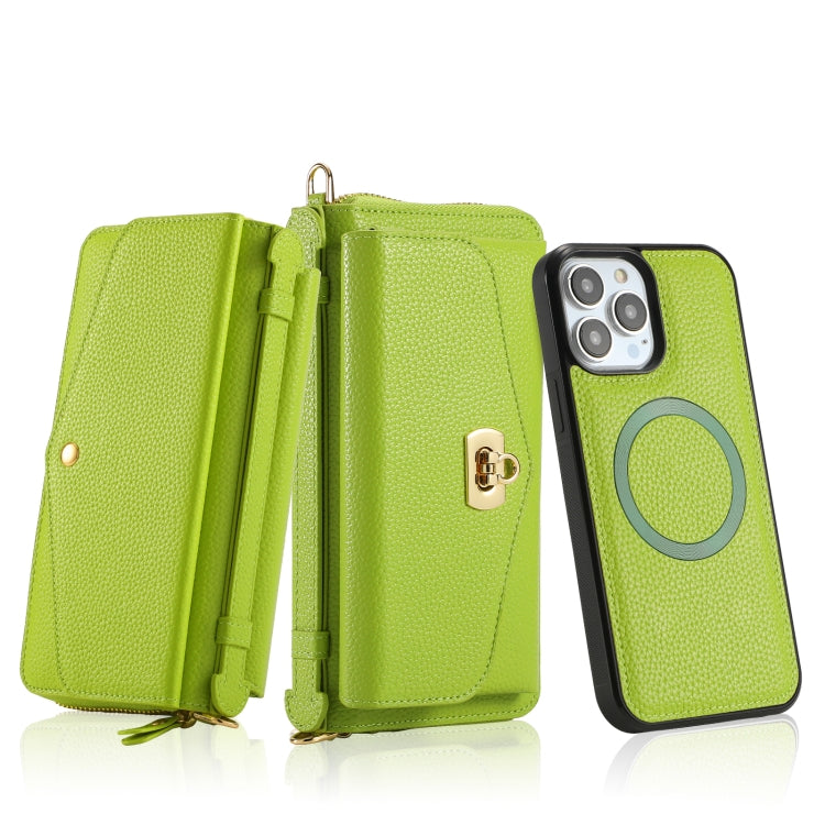 For iPhone 13 Pro Max MagSafe Crossbody Multi-functional Zipper Wallet Litchi Leather Phone Case(Green) - More iPhone Cases by buy2fix | Online Shopping UK | buy2fix